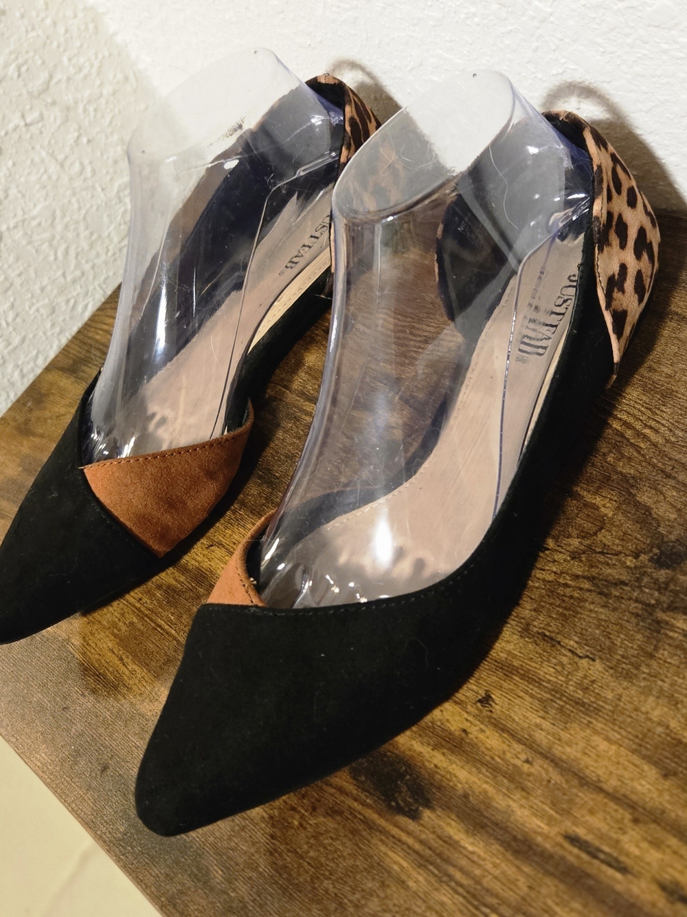 JustFab Two-Tone Pointed D'Orsay Flats with Leopard Heel